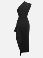 Black Asymmetrical Ruched One-Shoulder Slit A-Line Midi Dress