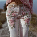 Vintage Pink Roses Glitter Embroidered Skinny Jeans