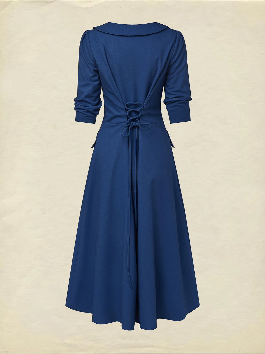 Midi Linen Dress, Half Sleeve, Shawl Collar, Plain, Button Design, Vintage, Dark Blue
