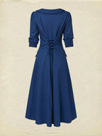 Midi Linen Dress, Half Sleeve, Shawl Collar, Plain, Button Design, Vintage, Dark Blue