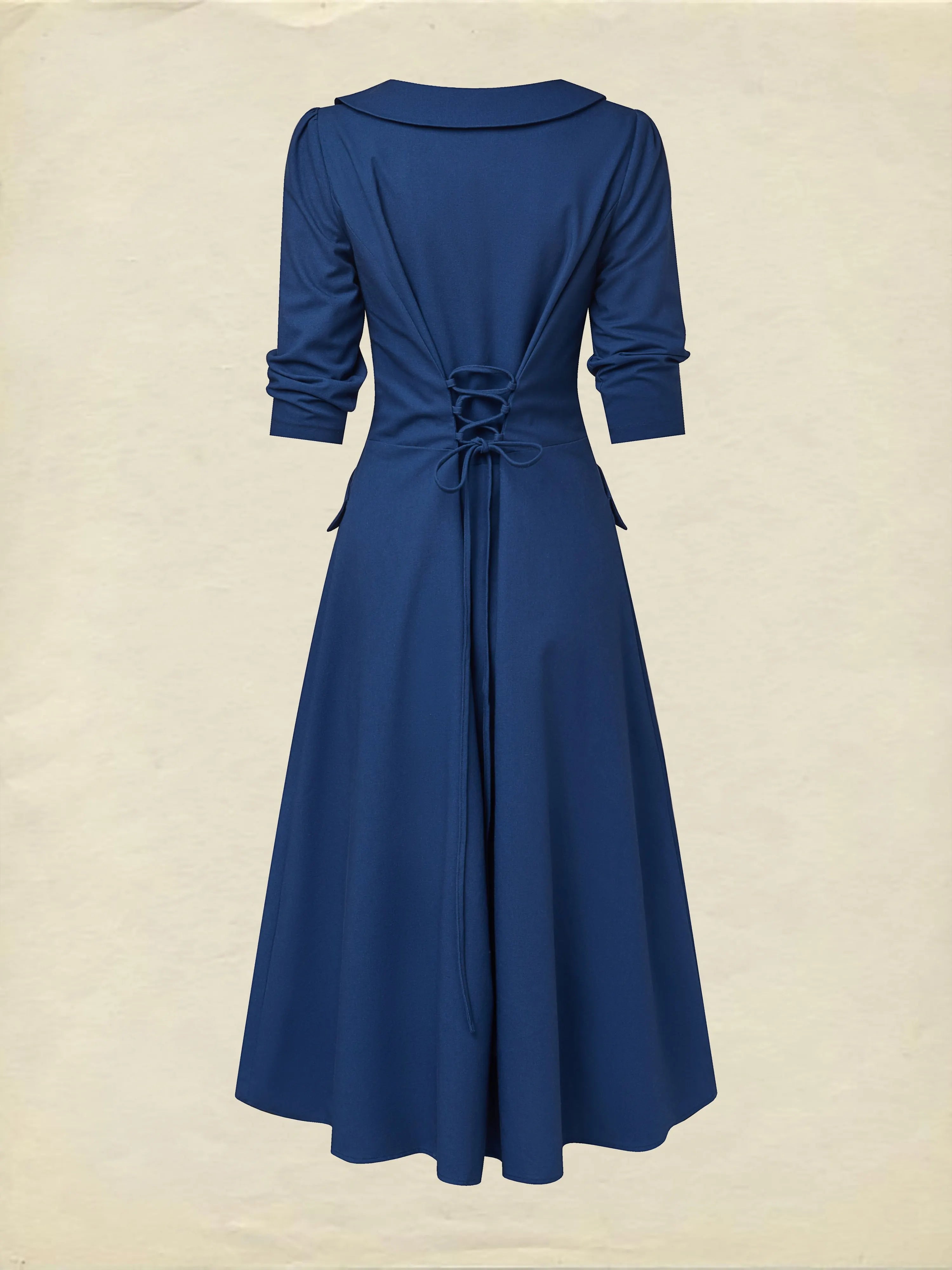 Midi Linen Dress, Half Sleeve, Shawl Collar, Plain, Button Design, Vintage, Dark Blue