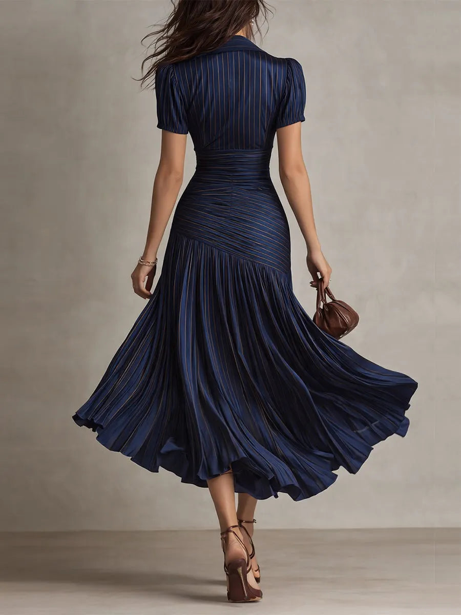Retro Striped Satin Pleated Bodycon Midi Dress