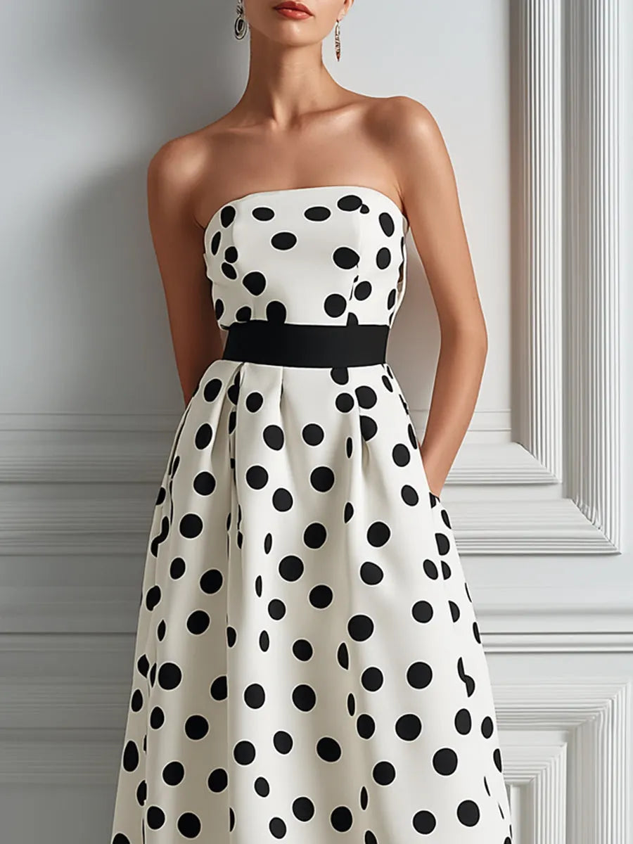 Black & White Polka Dot Strapless A-Line Midi Dress
