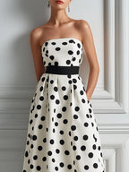 Black & White Polka Dot Strapless A-Line Midi Dress
