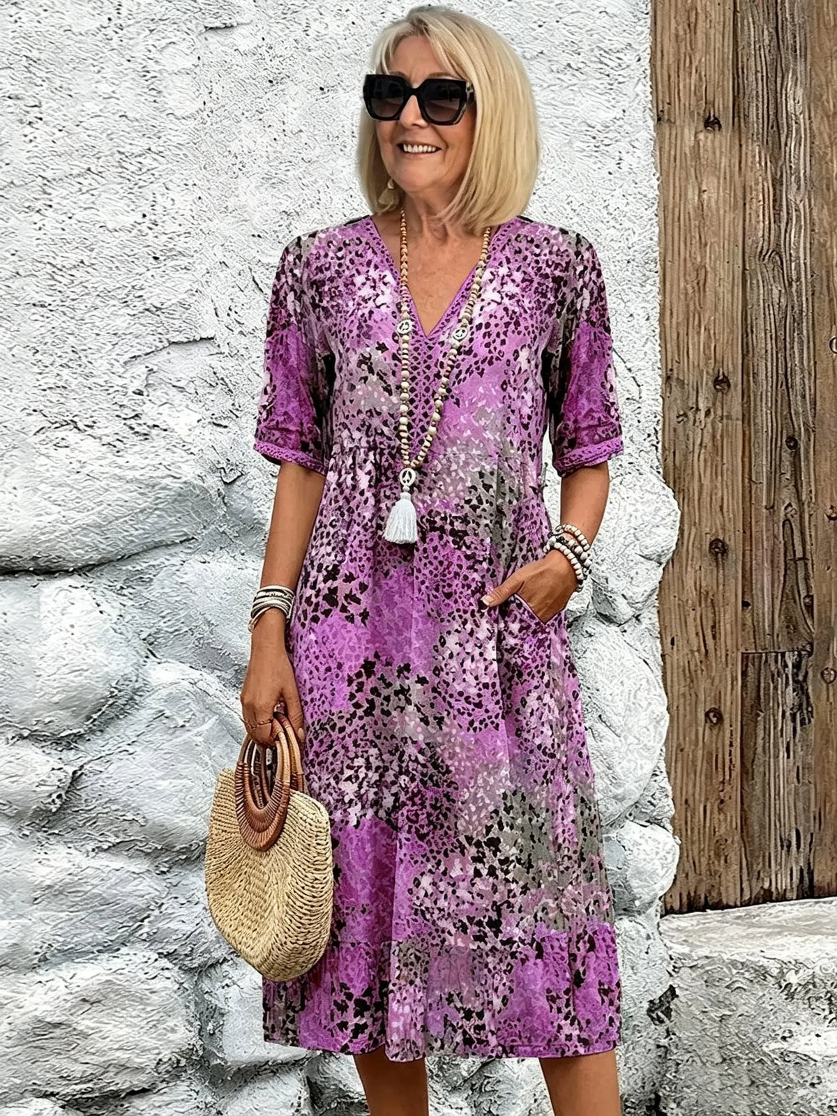Vacation DRESS Women's Short Sleeve Summer Leopard Lace Dress V Neck Daily Going Out Casual Knee Length A-Line Khaki