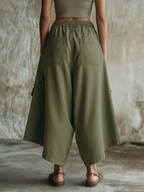 Olive Green Washed Denim Utility Wide-Leg Culottes