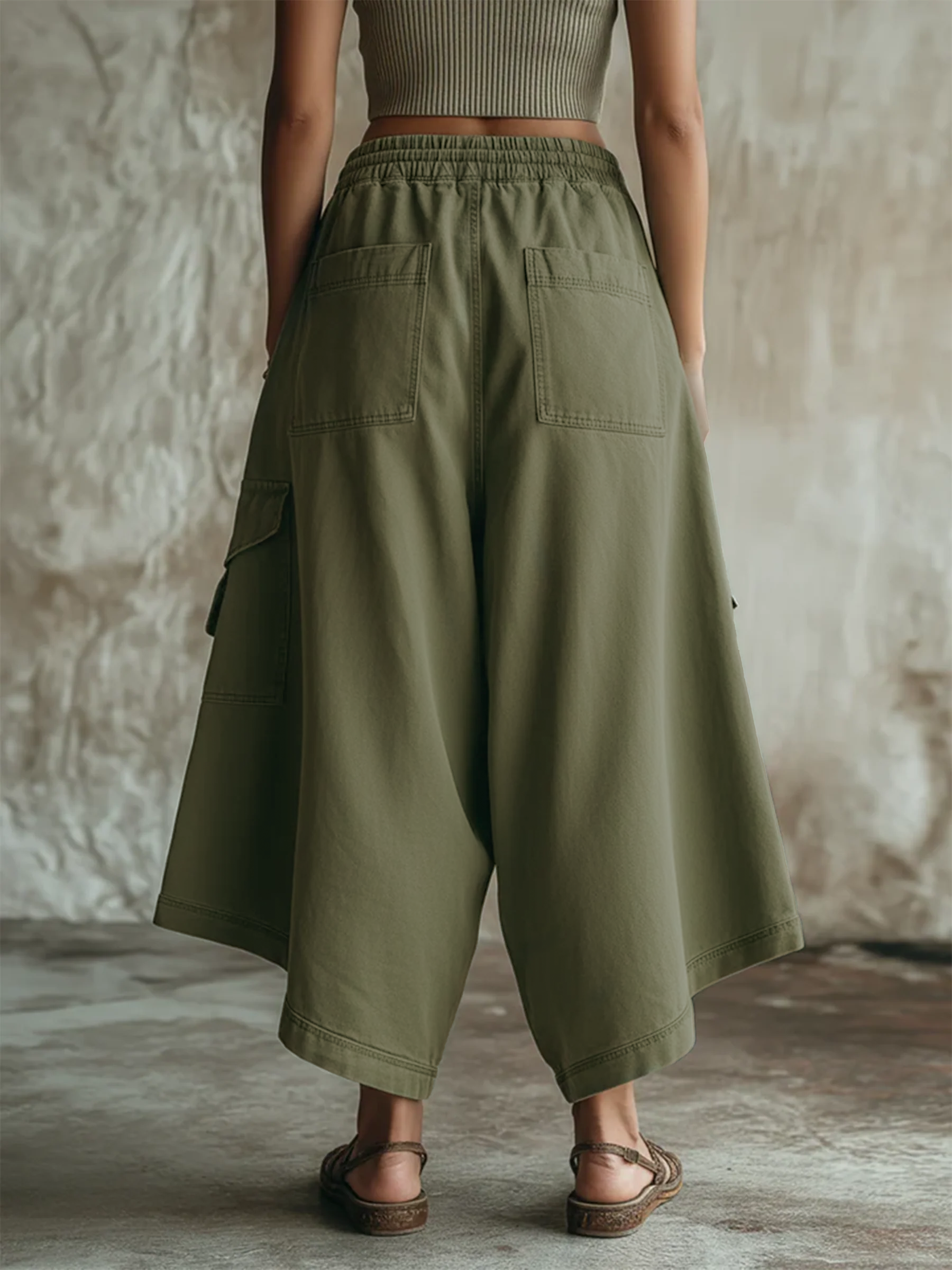 Olive Green Washed Denim Utility Wide-Leg Culottes