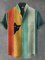 Men's Vintage Black Cat Contrast Stripes Art Short Sleeve Shirt