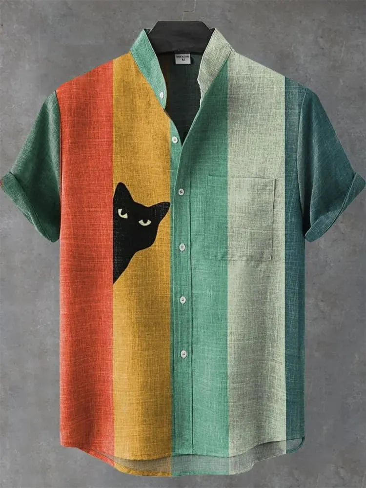 Men's Vintage Black Cat Contrast Stripes Art Short Sleeve Shirt