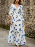 Maxi Linen Dress, Half Sleeve, V Neck, Floral, Lace, Vacation, Vintage, Blue