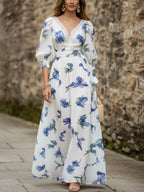 Maxi Linen Dress, Half Sleeve, V Neck, Floral, Lace, Vacation, Vintage, Blue