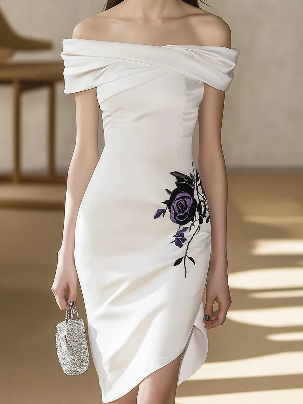 Chic White Satin Dress Featuring Asymmetric Hem and Floral Embroidery