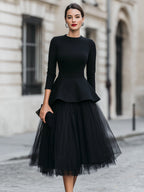 Structured Peplum Top and Layered Midi Skirt Set