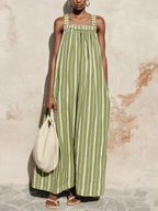 Green Striped Linen Tencel Loose Jumpsuit