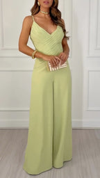 V Neck Ruched Bodice Wide Leg Jumpsuit