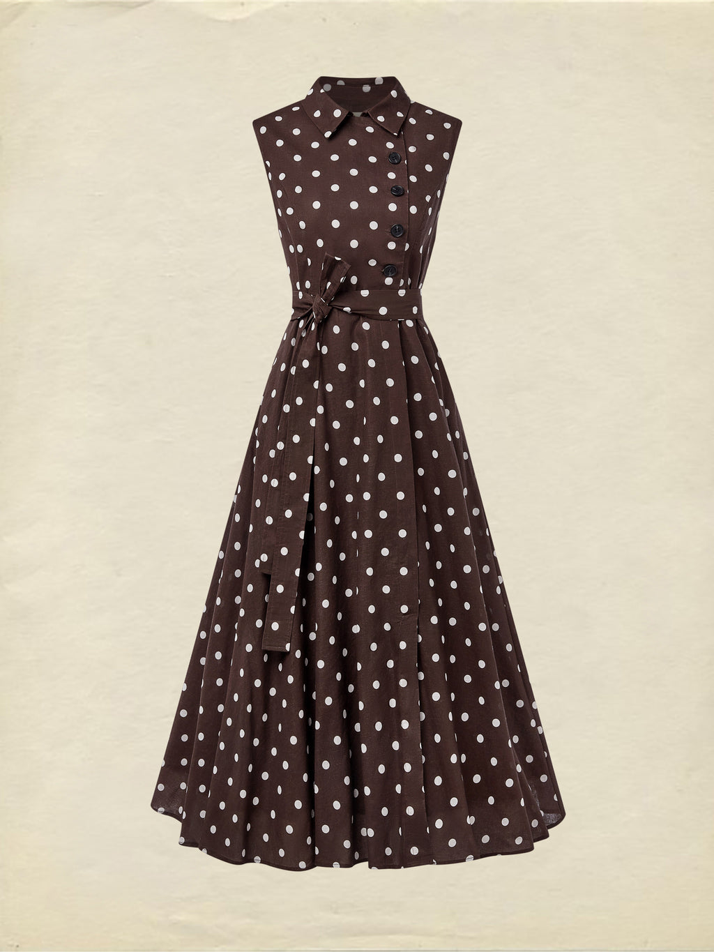 Midi Cotton Dress , Sleeveless, Shawl Collar, Polka Dots, Button Design, French Vintage, Purplish Blue