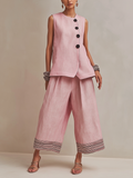 Blush Pink Linen-Blend Co-ord Set With Button Vest & Striped Hem Culottes