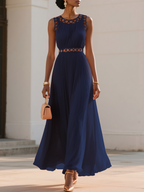 Orange Hollow Out Pleated Chiffon Crew Neck Sleeveless A-Line Maxi Dress