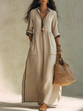 Chic Contrast Trim Boho Maxi Shirt Maxi Dress