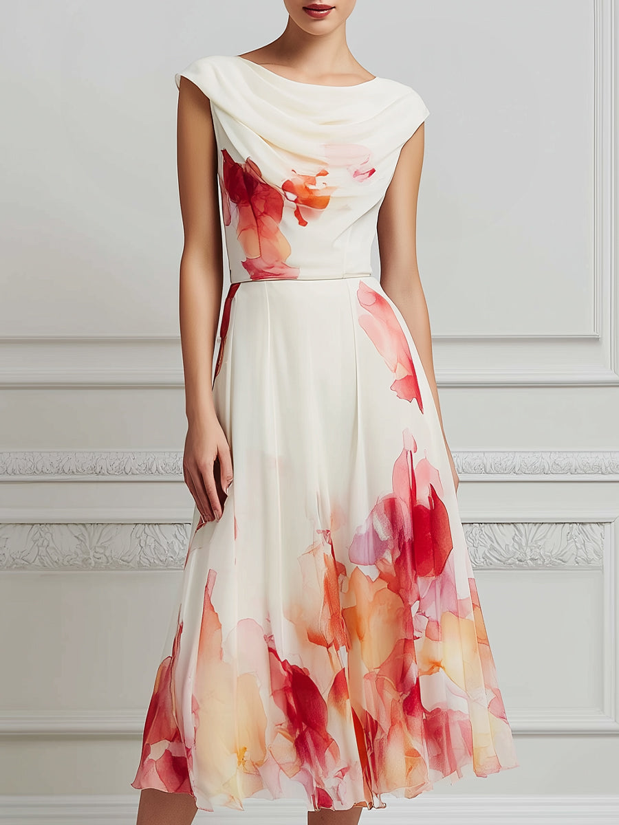 Bateau Neck Artistic Floral Midi Dress