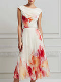 Bateau Neck Artistic Floral Midi Dress