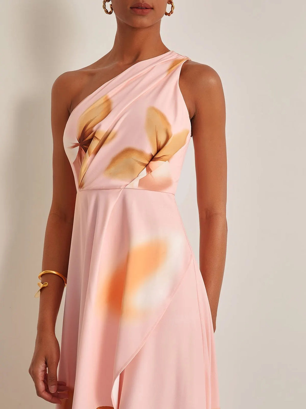 Pink Floral One-Shoulder Slit A-Line Gown