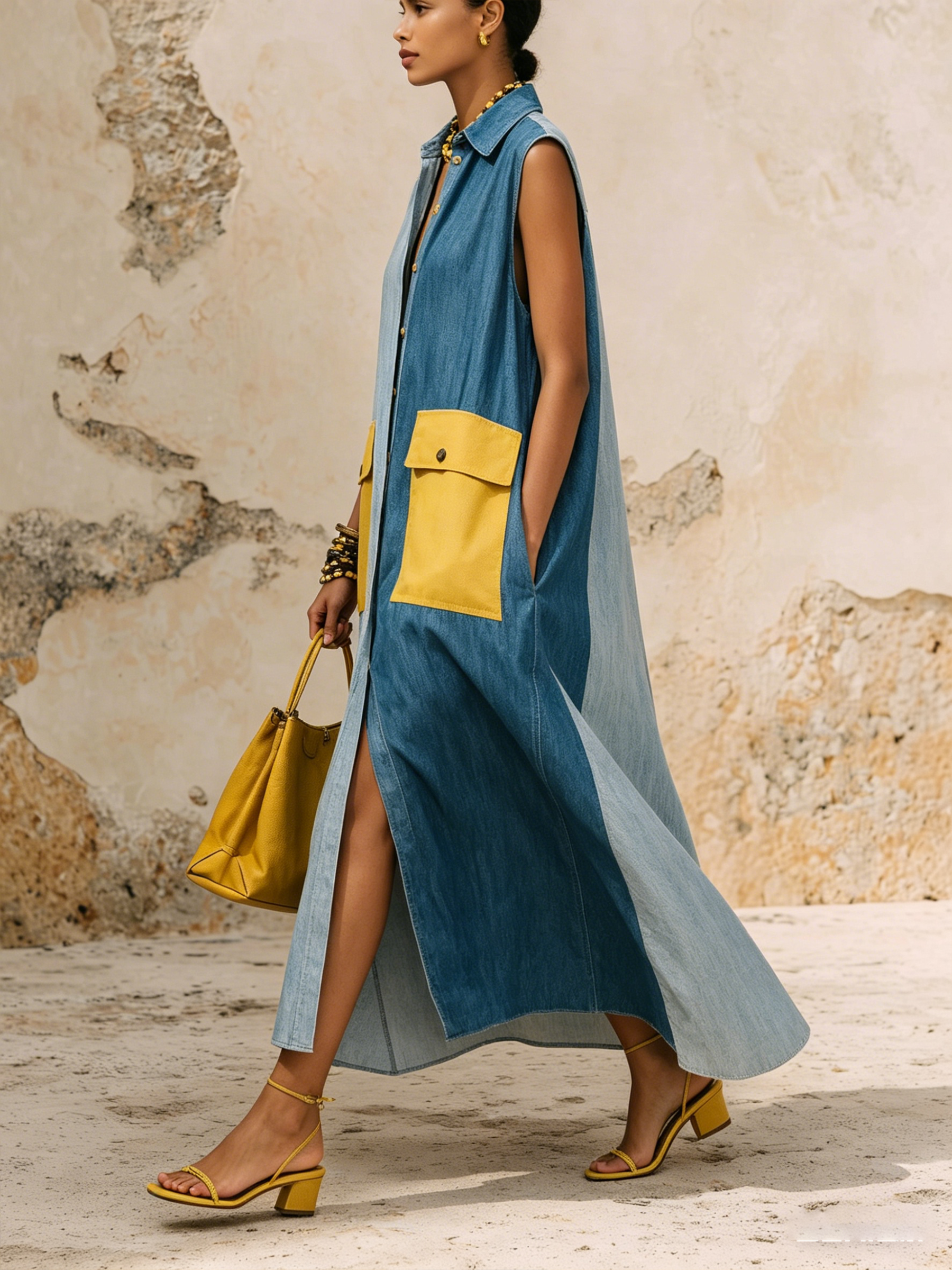 Oversized Color-Block Denim Sleeveless Maxi Shirt Dress With Statement Pockets