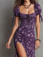 Boho Chic Smocked Floral Puff-Sleeve Midi Dress
