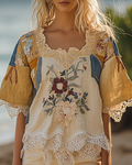 Summer Vacation Lace Handmade Floral Embroidery Patchwork Top 8ab9