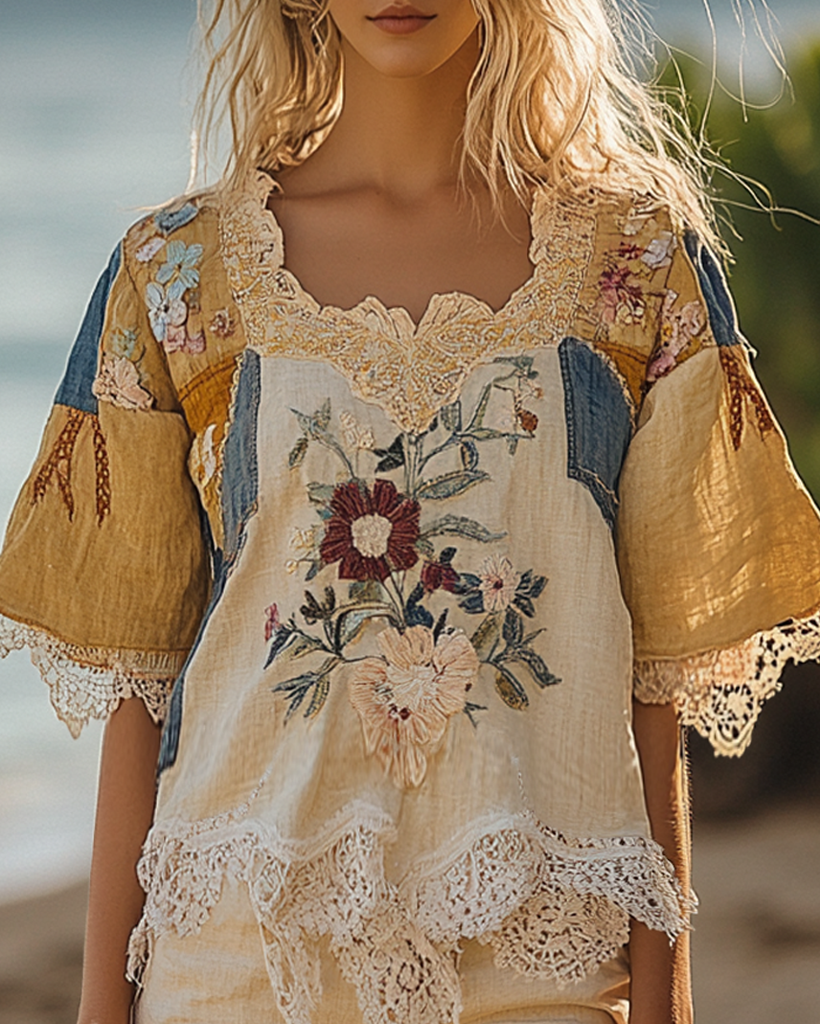 Summer Vacation Lace Handmade Floral Embroidery Patchwork Top 8ab9
