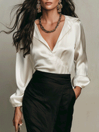 Chic Satin Blouse & High-Slit Midi Skirt Set
