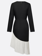 Black Irregular Craftsmanship Pleated Blazer V Neck Long Sleeve Sheath Midi Dress