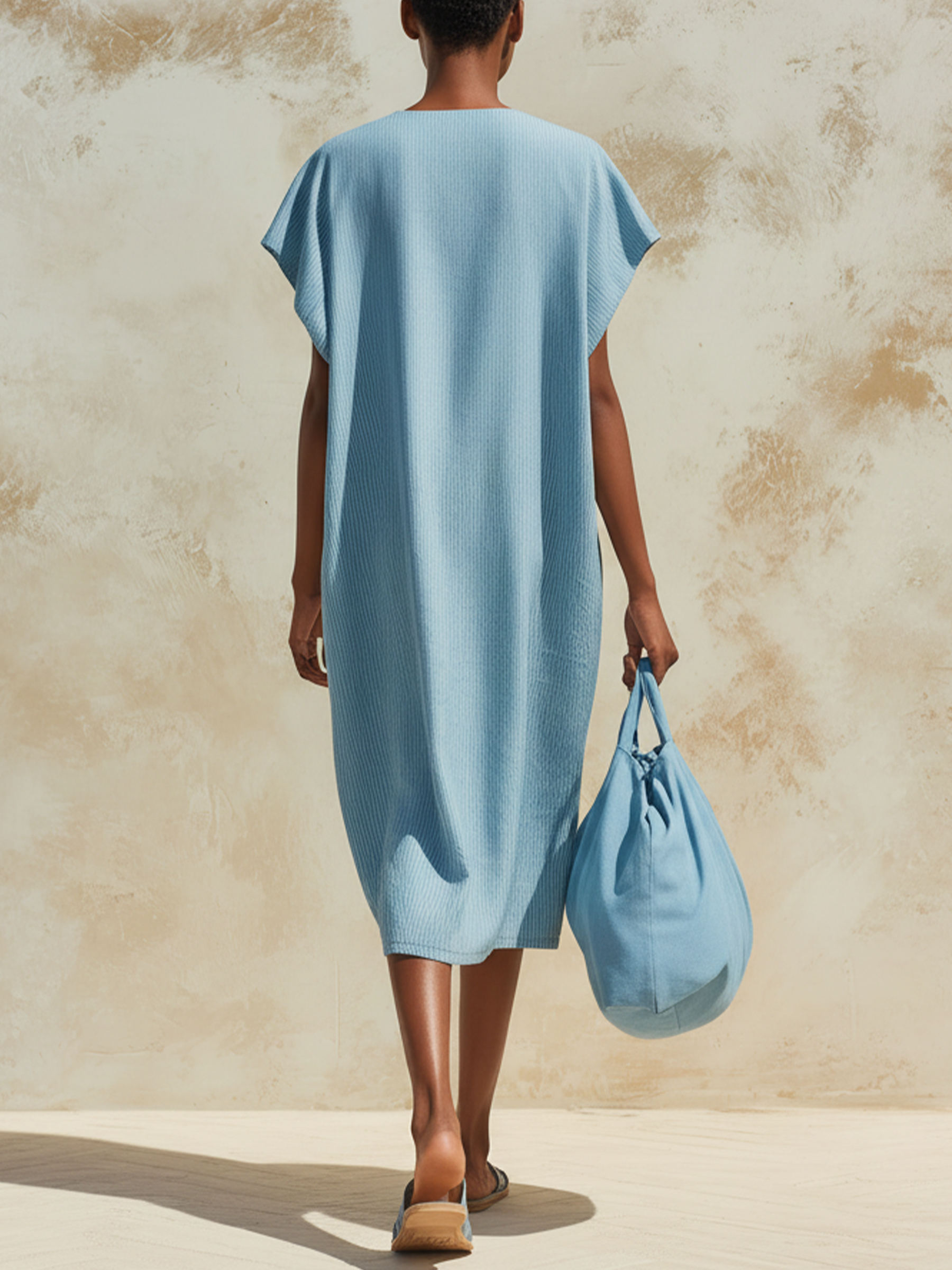 Light Blue Denim Cutout Neckline Loose Midi Dress