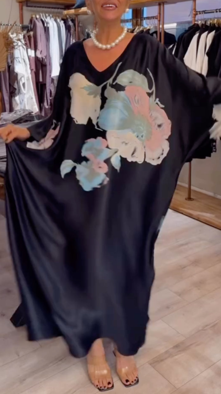 Satin Watercolor Floral Print Loose Maxi Dress