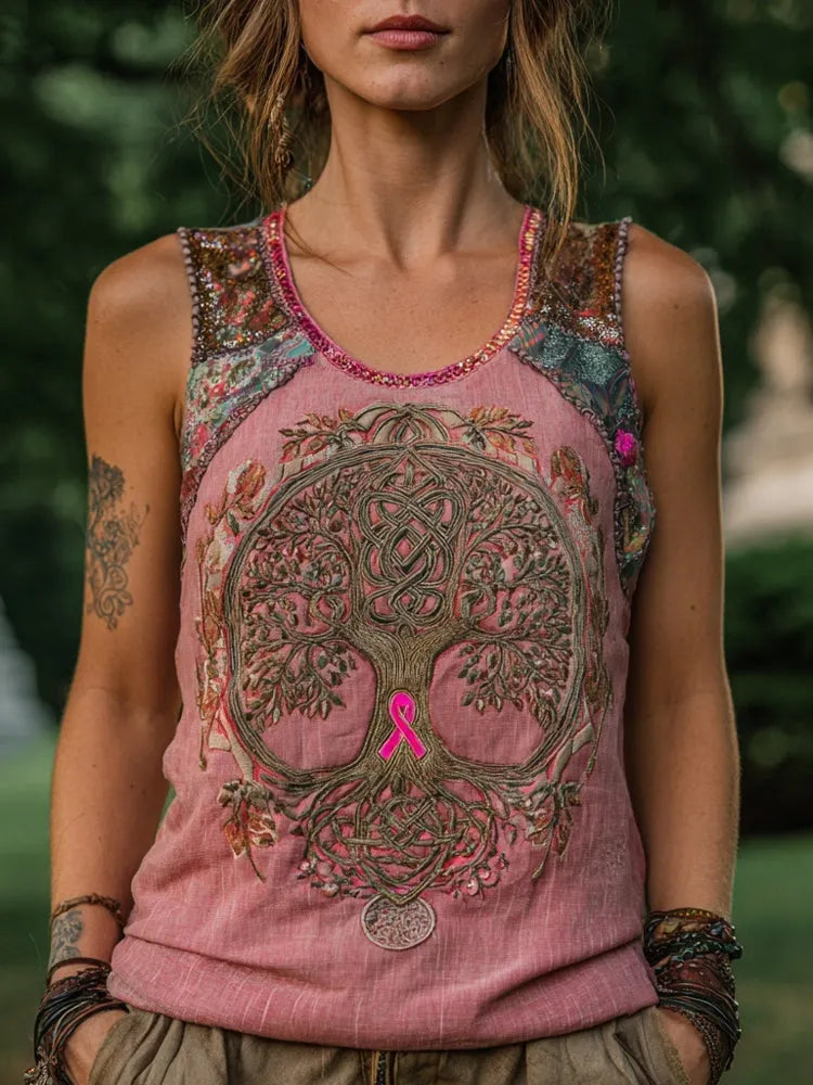 Celtic Tree Of Life & Pink Ribbon Embroidered Linen Tank