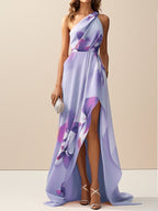 Pink Asymmetric Floral Classic One Shoulder Sleeveless A-Line Maxi Dress