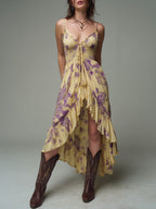 Boho High-Low Hem Shirred Waist Printed Midi Dress