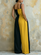 Black & Yellow Colorblock Sleeveless Wide Leg Jumpsuit