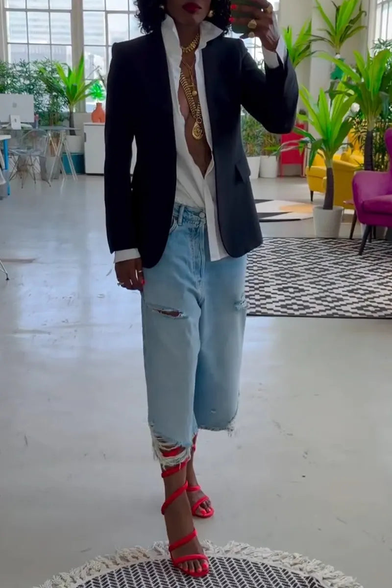 Women's Temperament Blazer or Ripped Washed Jeans