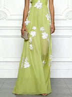 Light Green Applique Chiffon V Neck Sleeveless A-Line Maxi Dress