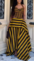 Bold Stripe Halter Corset Layer Maxi Skirt Matching Set
