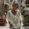 Women's Vintage White Roses Art Flowy Linen Blend Casual V Neck Tops
