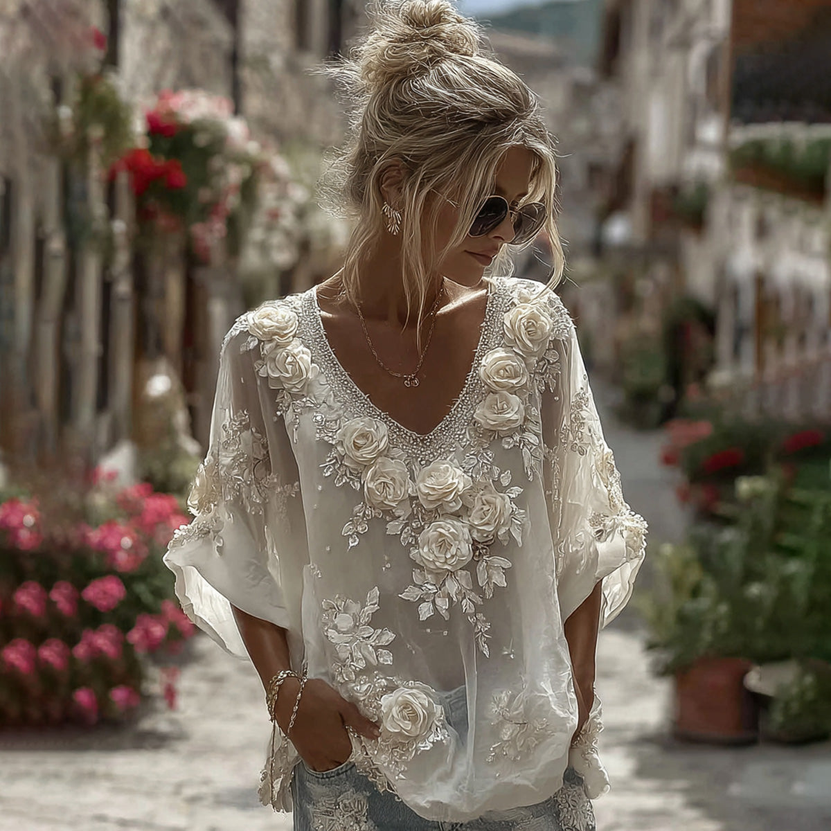 Women's Vintage White Roses Art Flowy Linen Blend Casual V Neck Tops