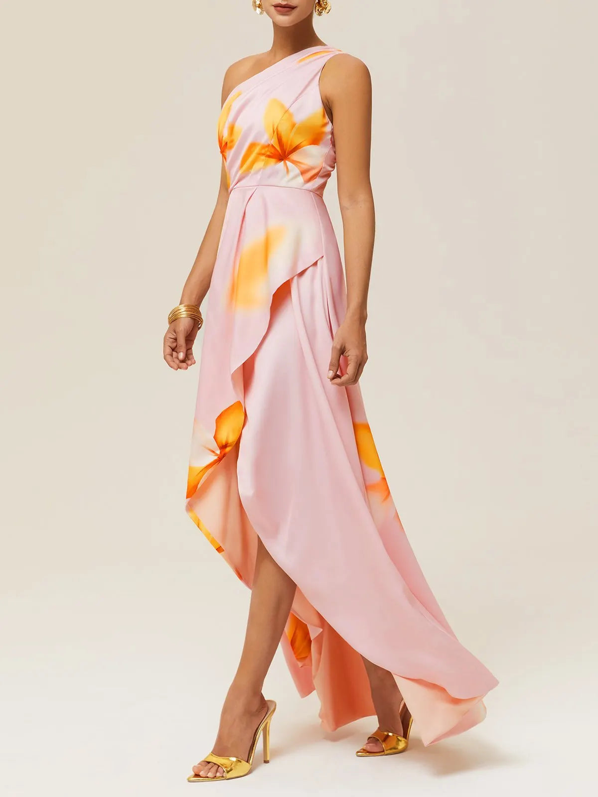Pink Asymmetric Floral Classic One Shoulder Sleeveless A-Line Maxi Dress