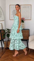 3D Floral Strapless Tiered Midi Dress