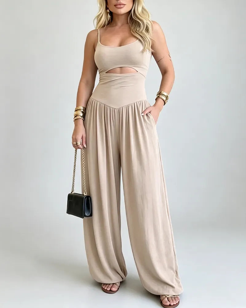 Waist Cutout Tie-Back Flowy Wide Leg Jumpsuit