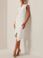White V Neck Sleeveless Slit Sheath Midi Dress