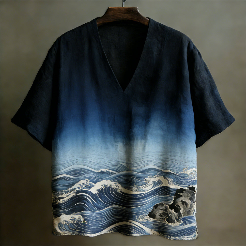 Japanese Ocean Gradient Pattern Linen Short Sleeve V-neck Shirt