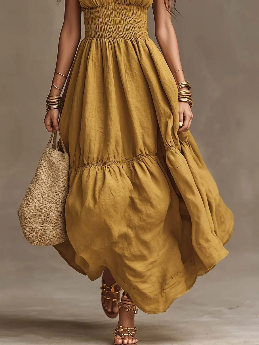 Bohemian Cotton-Linen Halter Smocked Tiered Maxi Dress