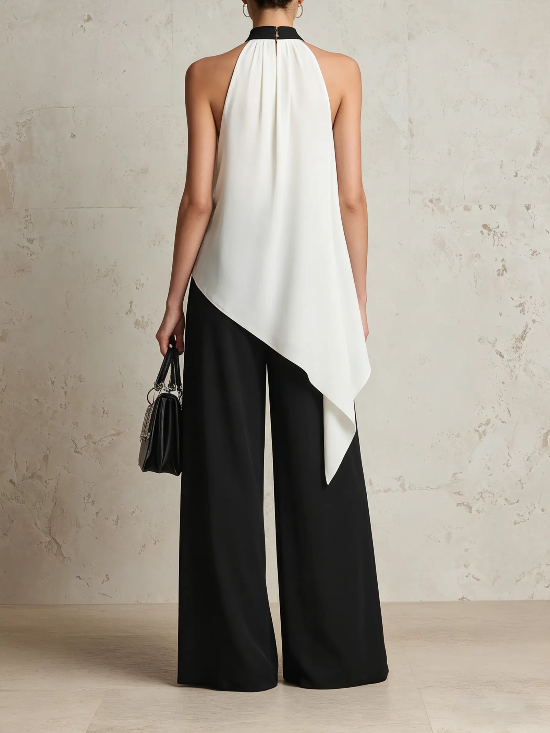 Black & White Halter Top & Wide-Leg Pants Set - Elegant Two-Piece Outfit